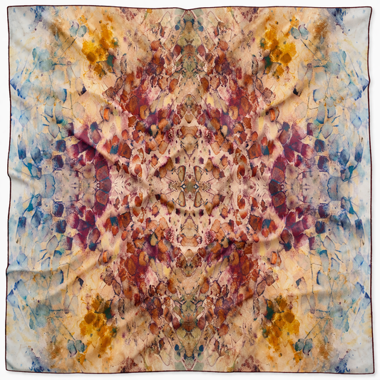 Rare Earth oversized 52x52" silk chiffon art scarf, lightly wrinkled, on white background. Tea-printed design by Reed Slater.