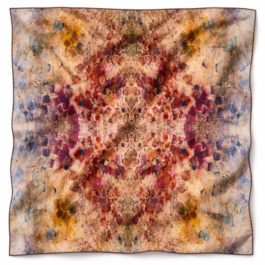 Oversized silk-wool scarf with symmetrical tea-printed design in rust, gold, burgundy, and blue, shown lightly wrinkled.