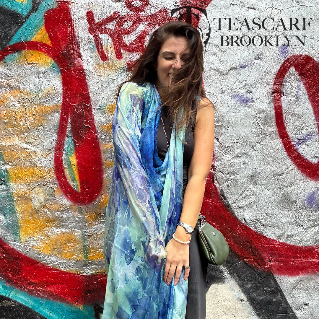 Clear Blue Oversized Square Tea-Printed 100% Silk Chiffon Scarf, 52x52" - Teascarf Brooklyn