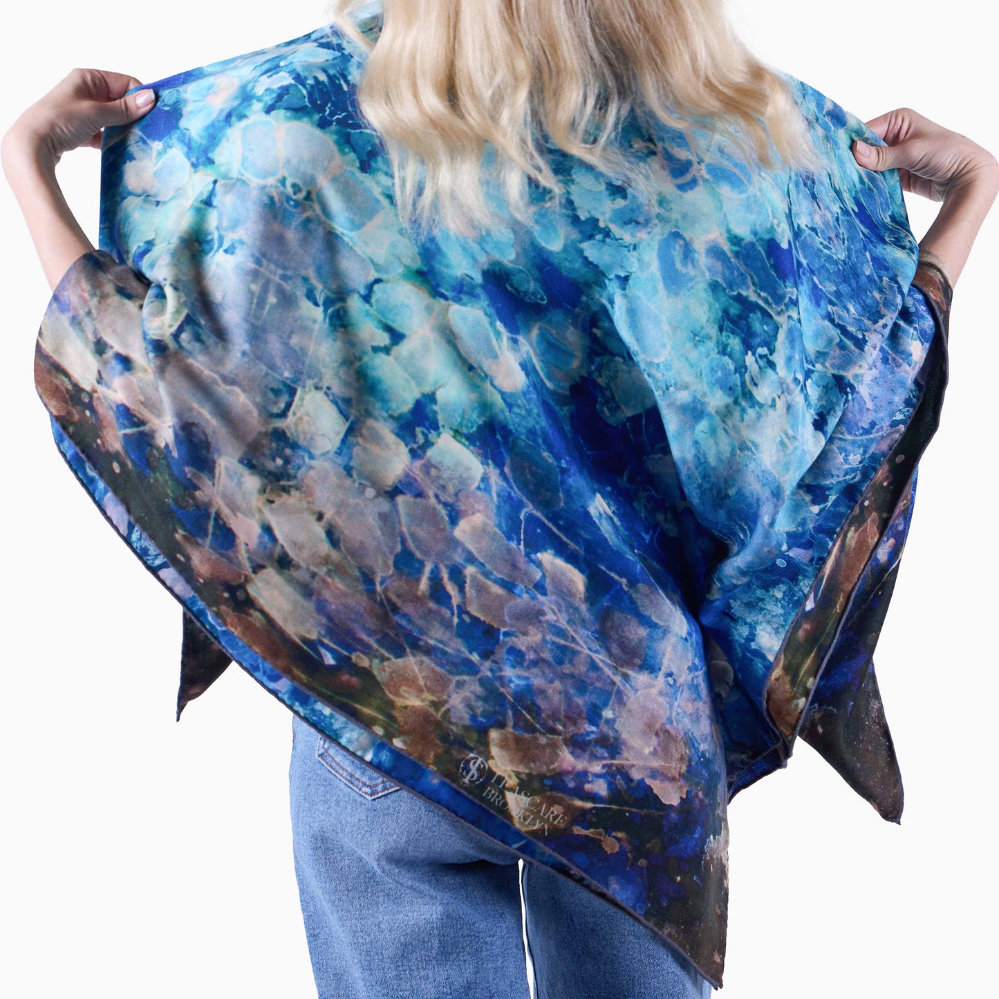 Blue Dream Oversized Square Tea-Printed Scarf - Silk/Wool Blend, 53x53" - Teascarf Brooklyn