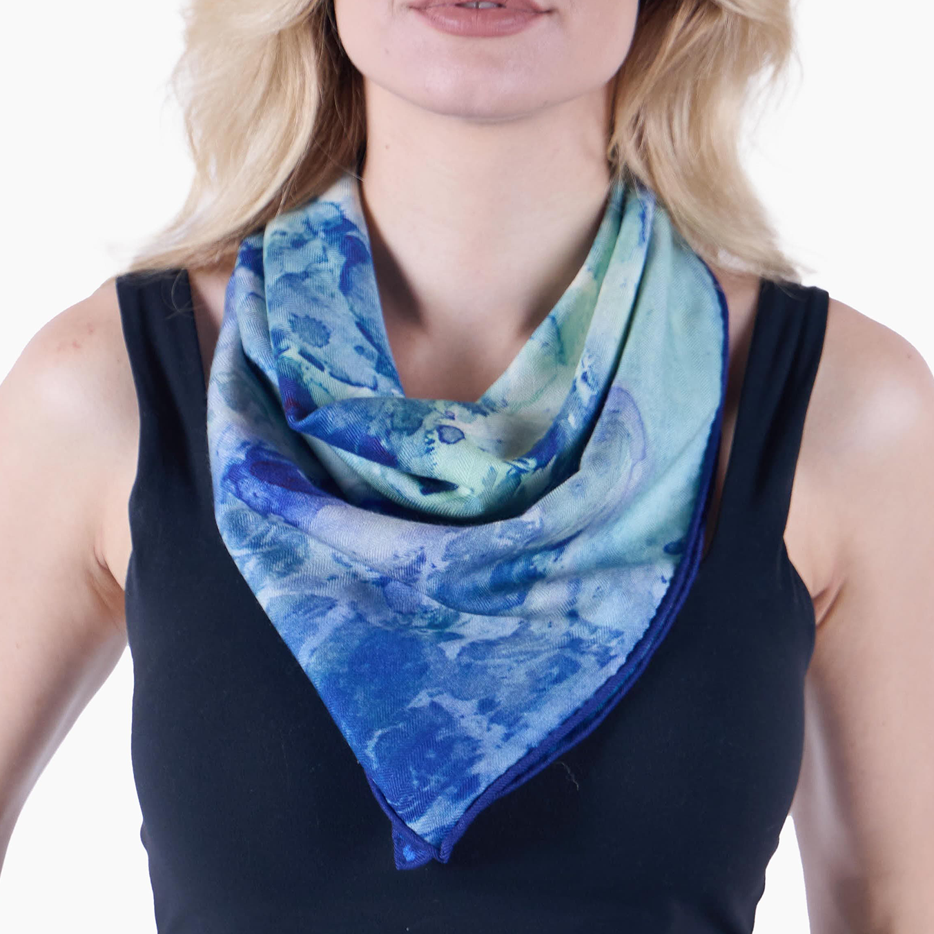 Clear Blue Small Square Silk/Wool Tea-Printed Scarf - Silk/Wool Blend, 26" x 26" - Teascarf Brooklyn