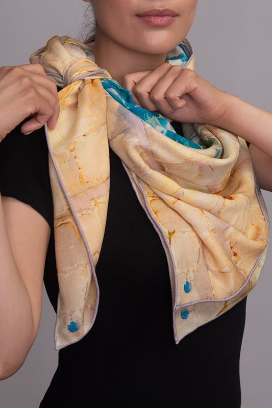 Model wearing Calm Camomile silk-wool scarf — the best fabric for winter, Teascarf Brooklyn