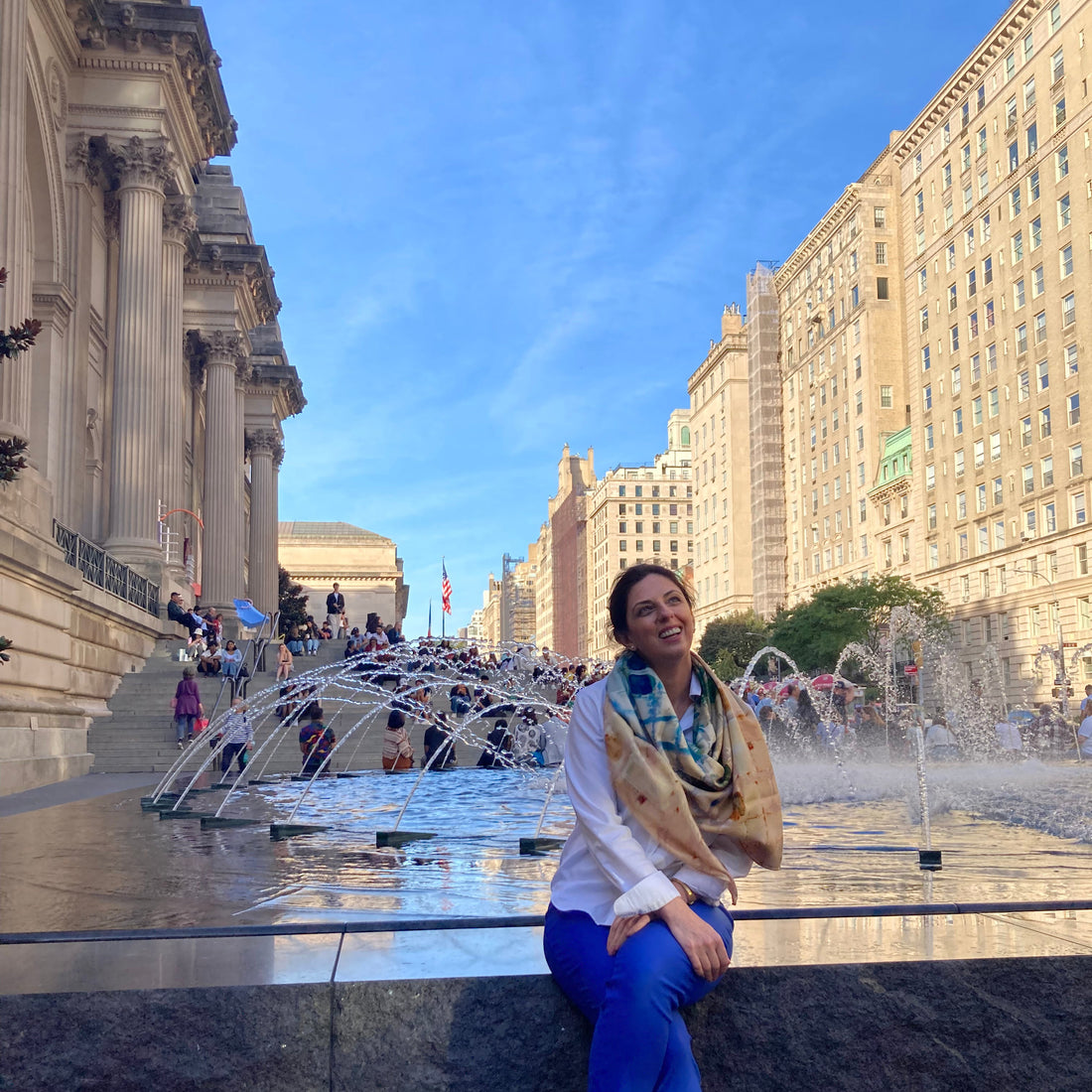 Model wearing Calm Camomile silk scarf at the Metropolitan Museum fountain — wearable art, Teascarf Brooklyn