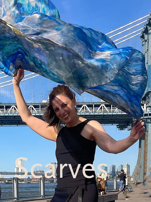 Model with Teascarf Brooklyn silk scarves on a bridge — wearable art made in Brooklyn