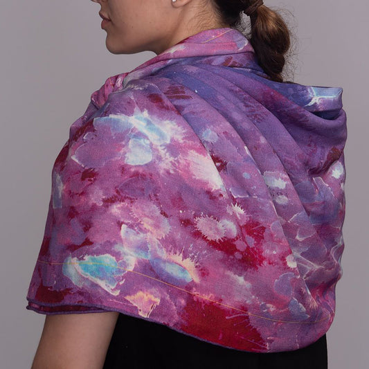 Model wearing Purple Rain small silk scarf — the best gift for someone who already has everything, Teascarf Brooklyn