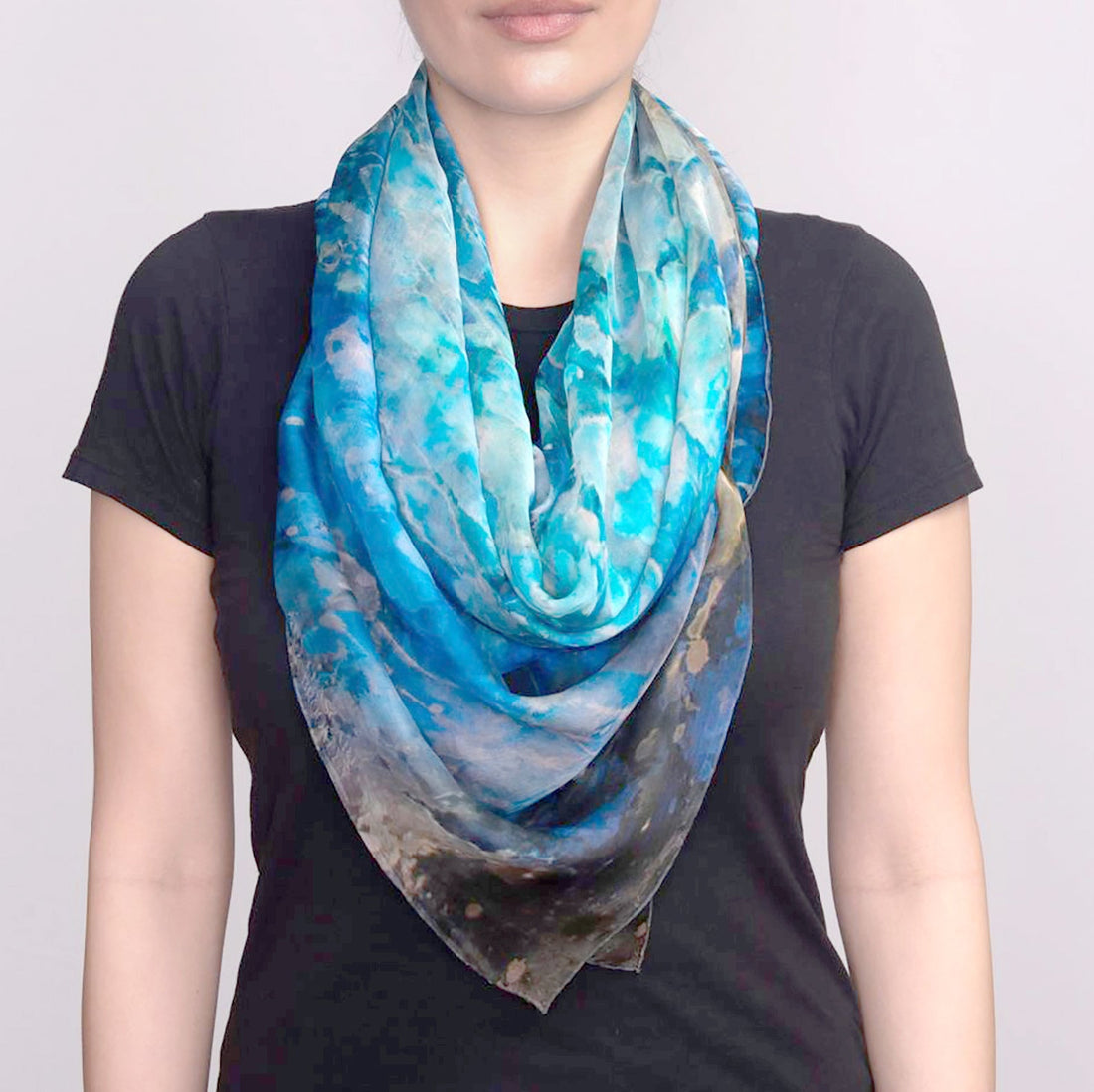 Model wearing Blue Dream oversized 52 inch silk chiffon scarf — Teascarf Brooklyn