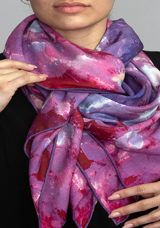 Model wearing Purple Rain tea-printed silk scarf — artist-made silk scarves for art lovers, Teascarf Brooklyn