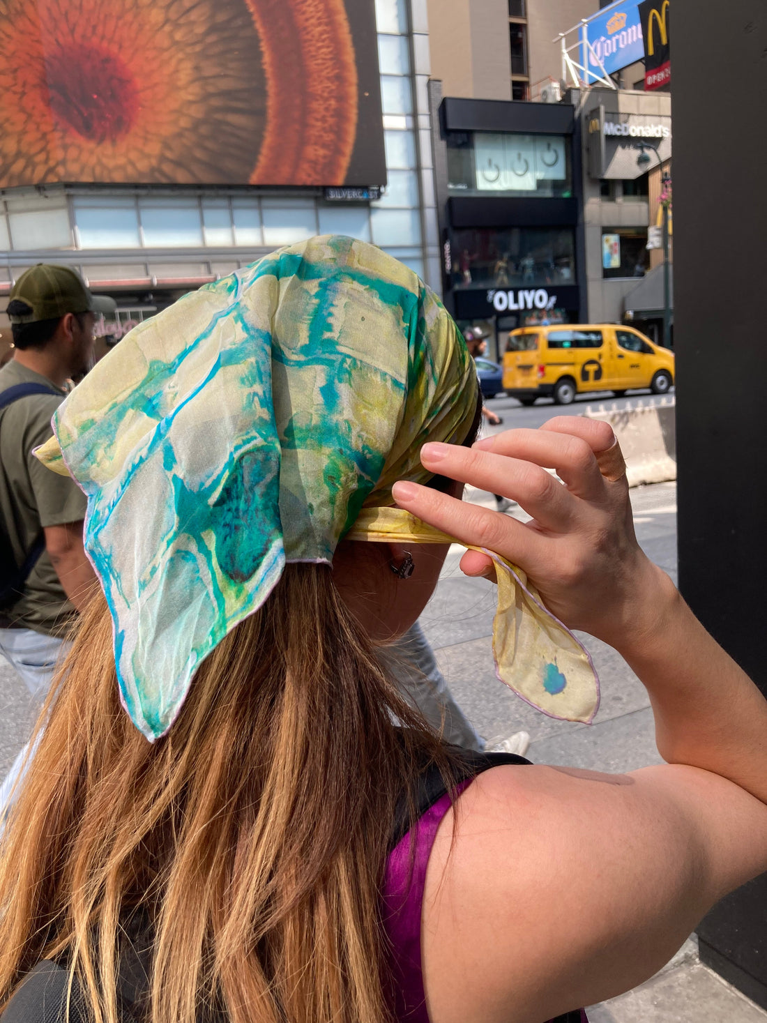 Model wearing small 24 inch tea-printed silk scarf with yellow dress — Teascarf Brooklyn