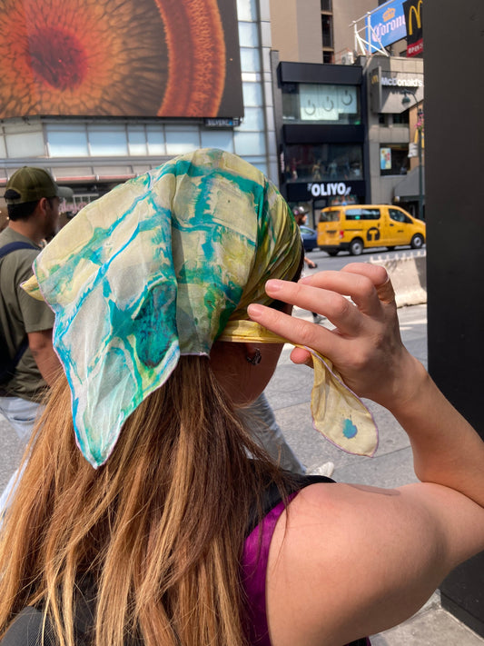 Model wearing small 24 inch tea-printed silk scarf with yellow dress — Teascarf Brooklyn