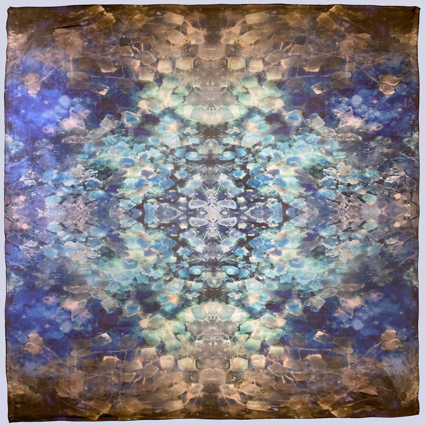 52x52" Tea-printed art scarf with a central geometric pattern in blue, white, and gray tones.