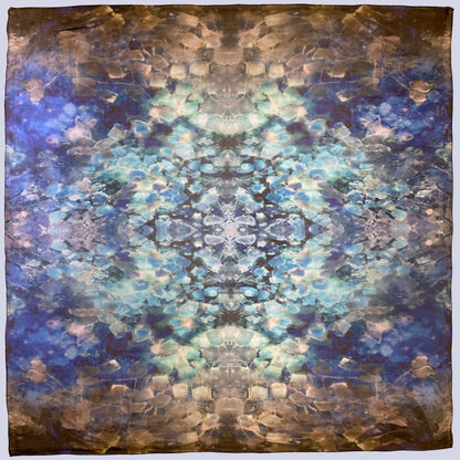 52x52" Tea-printed art scarf with a central geometric pattern in blue, white, and gray tones.