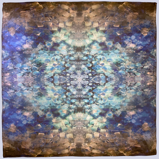 52x52" Tea-printed art scarf with a central geometric pattern in blue, white, and gray tones.