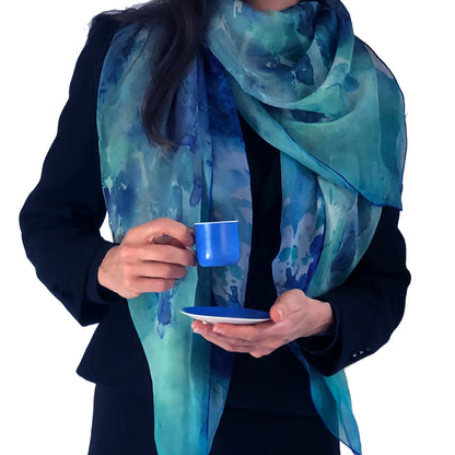 Oversized Clear Blue Silk Chiffon Scarf - 100% Silk, 53x53"