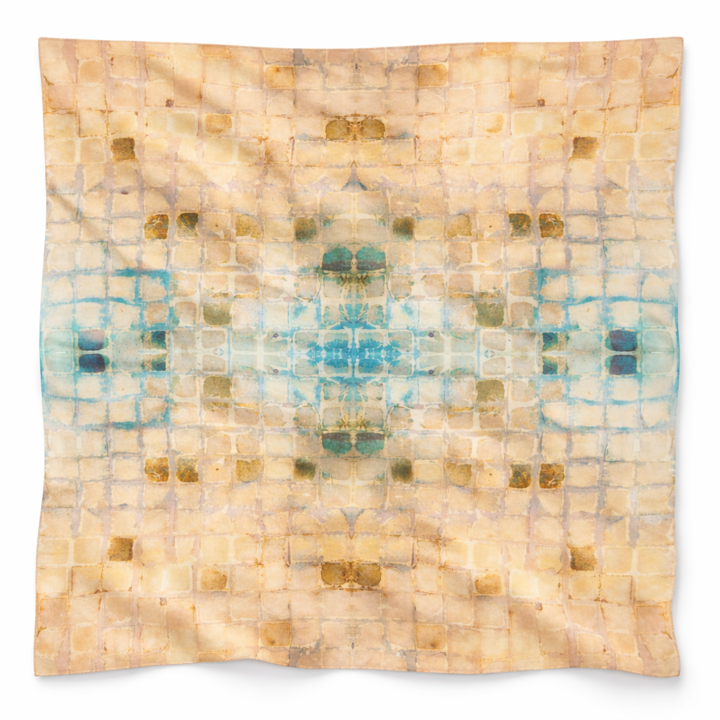 Calm Camomile oversized 52x52" silk-wool art scarf, lightly wrinkled, on white background. Tea-printed design by Reed Slater.