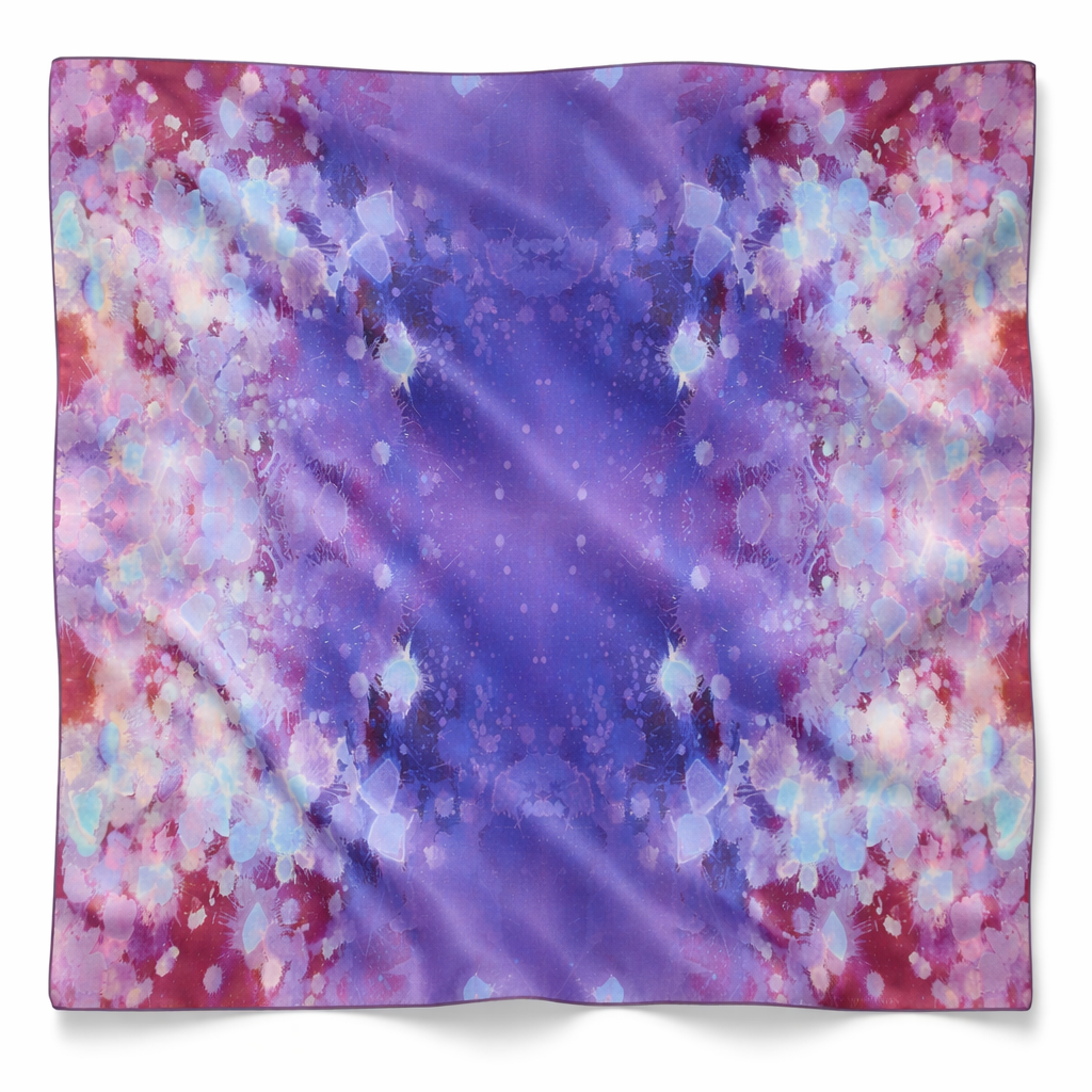 Purple Rain oversized 52x52" silk chiffon art scarf, lightly wrinkled, on white background. Tea-printed design by Reed Slater.