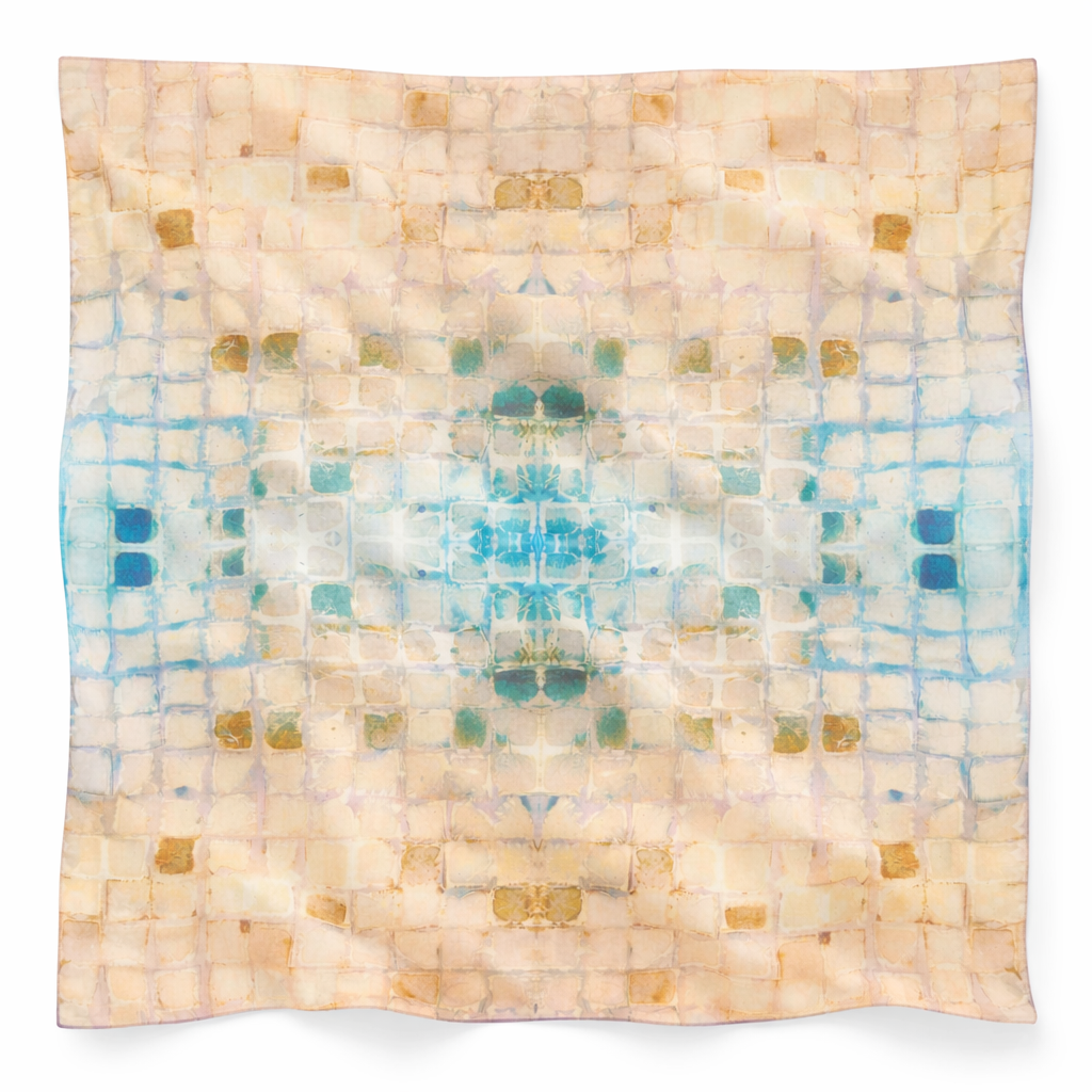 Calm Camomile oversized 52x52" silk chiffon art scarf, lightly wrinkled, on white background. Tea-printed design by Reed Slater.