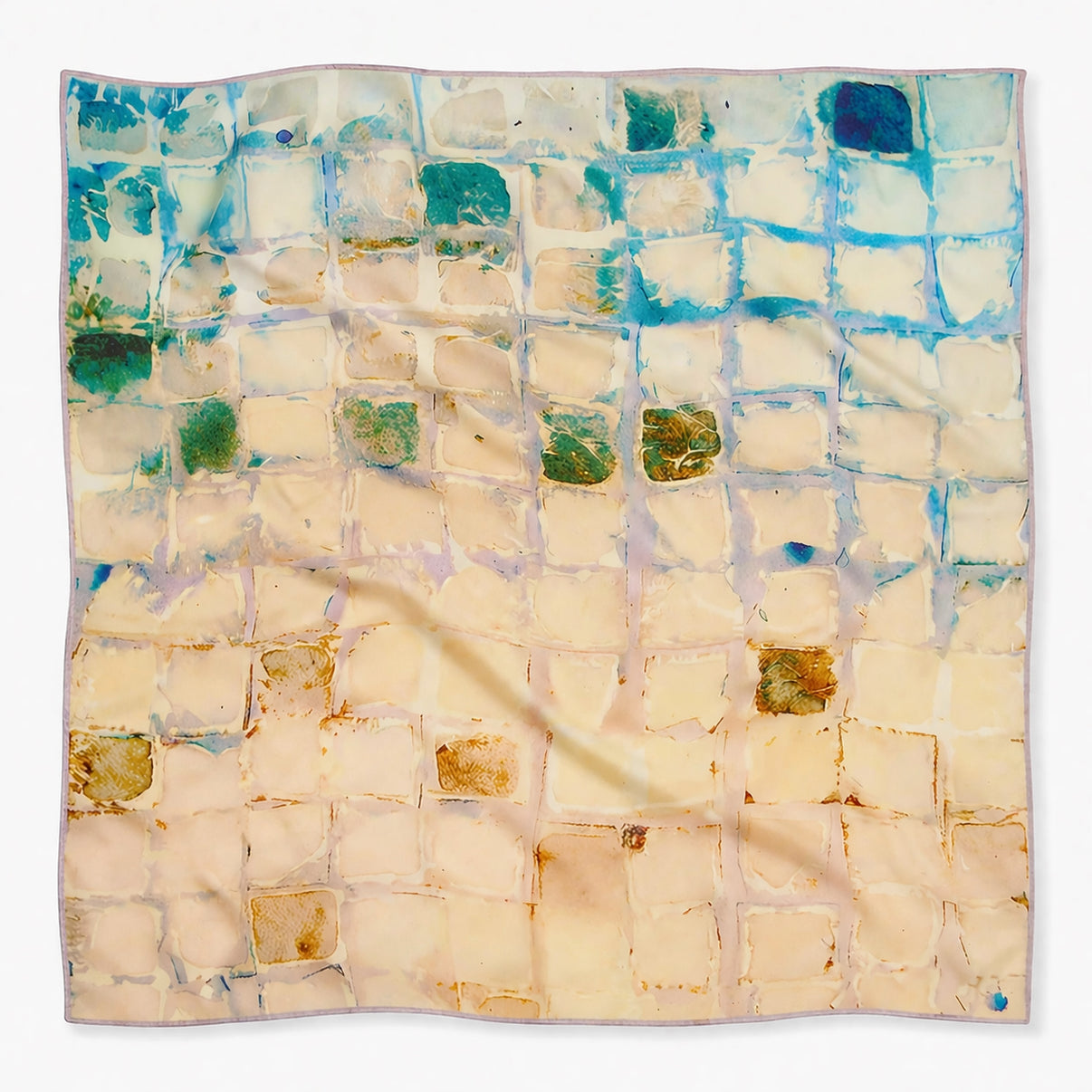 Calm Camomile 24x24" art scarf, lightly wrinkled, on white background. Tea-printed design by Reed Slater.