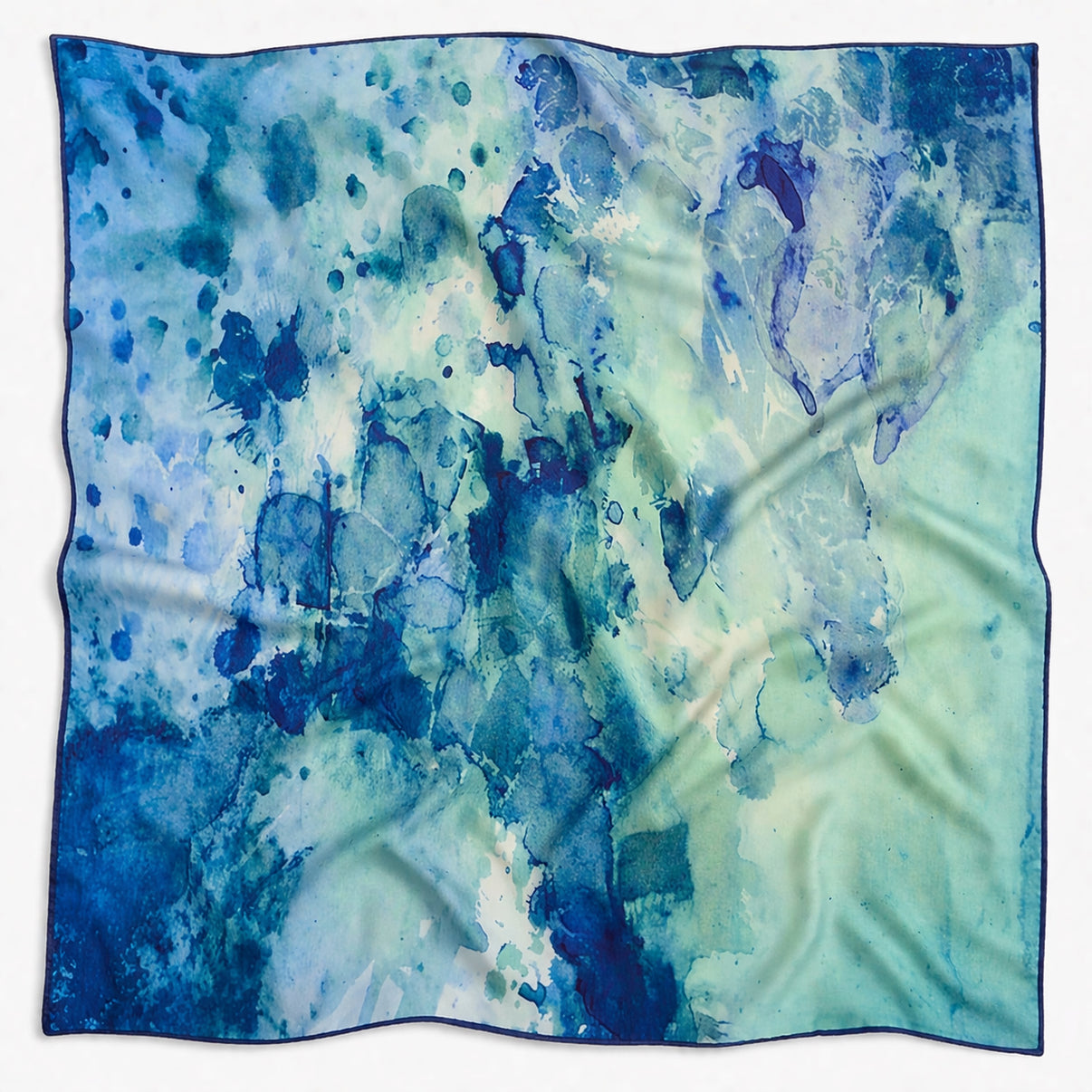 Clear Blue 24x24" art scarf, lightly wrinkled, on white background. Tea-printed design by Reed Slater.