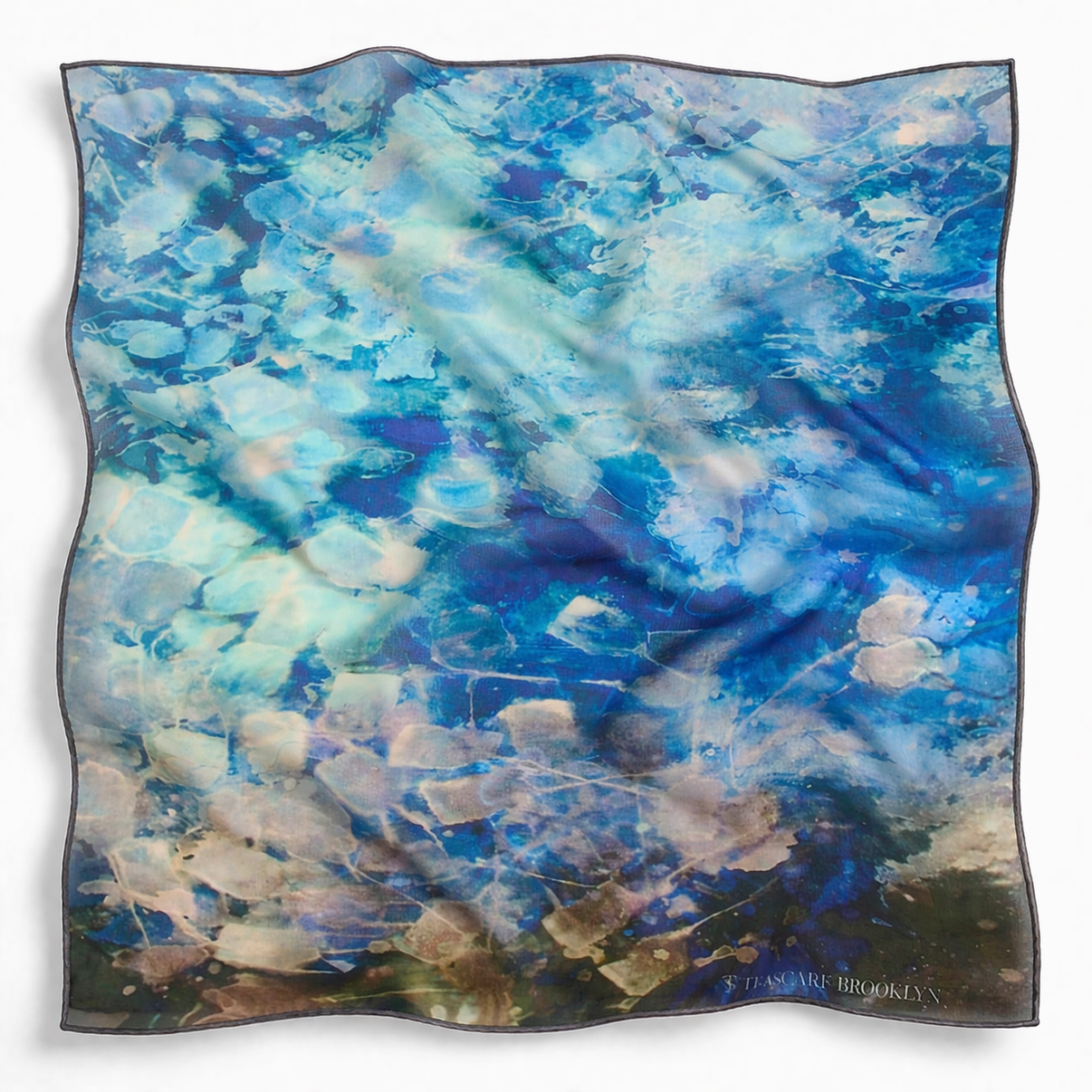 Blue Dream 24x24" silk-wool art scarf, lightly wrinkled, on white background. Tea-printed design by Reed Slater.