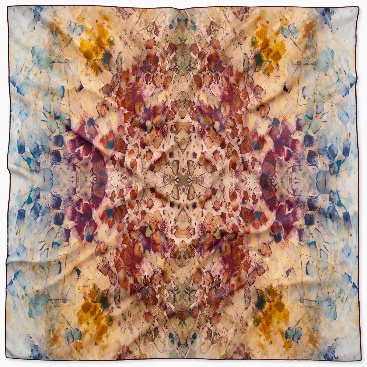 Rare Earth oversized 52x52" silk chiffon art scarf, lightly wrinkled, on white background. Tea-printed design by Reed Slater.