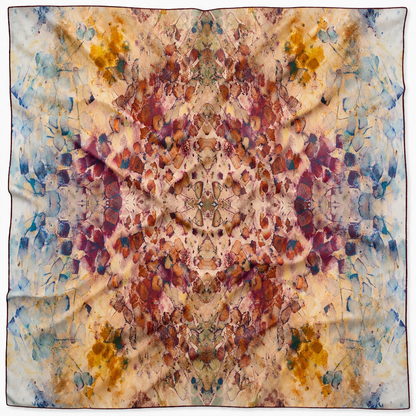 Rare Earth oversized 52x52" silk chiffon art scarf, lightly wrinkled, on white background. Tea-printed design by Reed Slater.