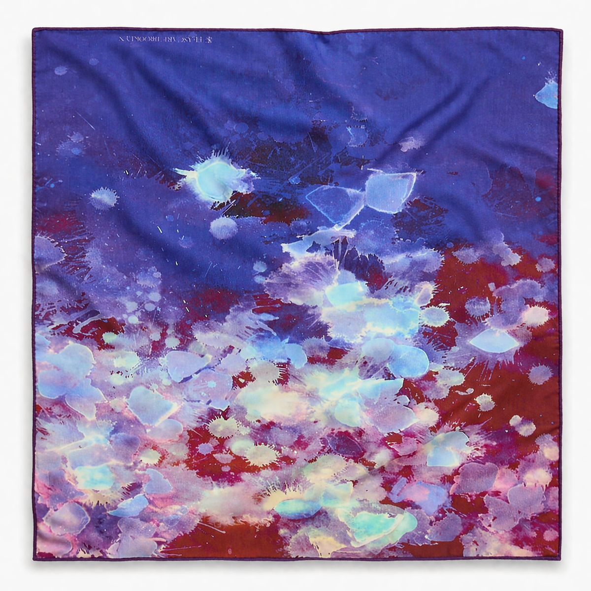 Purple Rain 26x26" silk-wool art scarf, lightly wrinkled, on white background. Tea-printed design by Reed Slater.