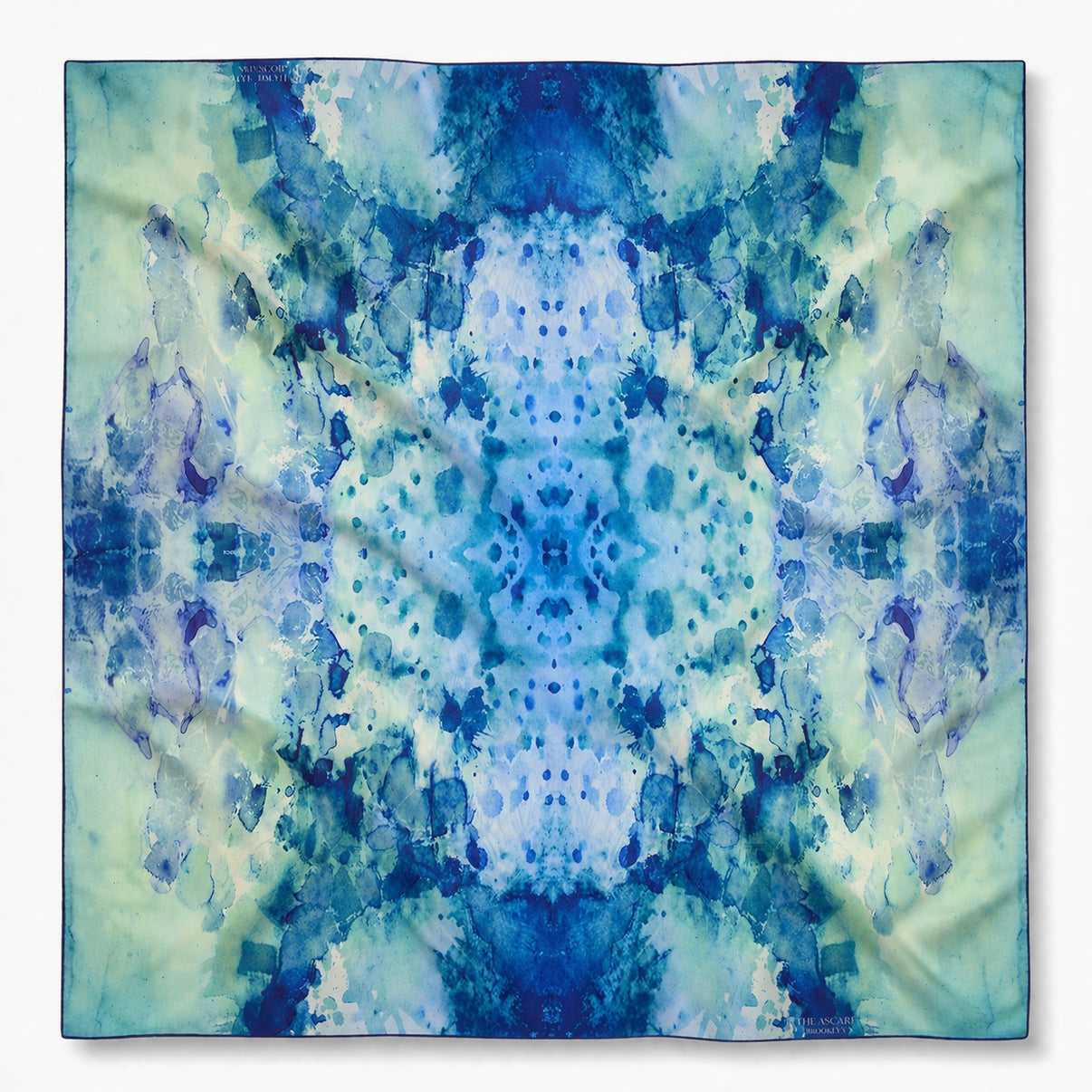 Clear Blue oversized 52x52" silk chiffon art scarf, lightly wrinkled, on white background. Tea-printed design by Reed Slater.