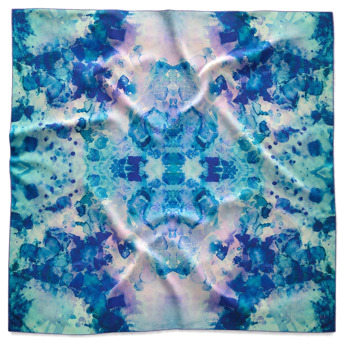 Peacock Green oversized 52x52" art scarf, lightly wrinkled, on white background. Tea-printed design by Reed Slater.