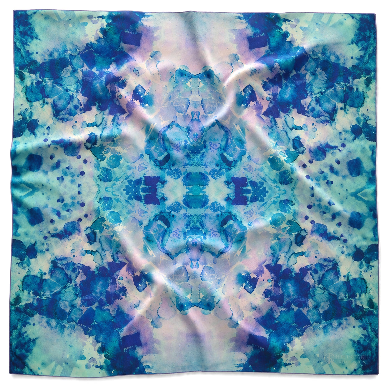 Peacock Green oversized 52x52" silk chiffon art scarf, lightly wrinkled, on white background. Tea-printed design by Reed Slater.