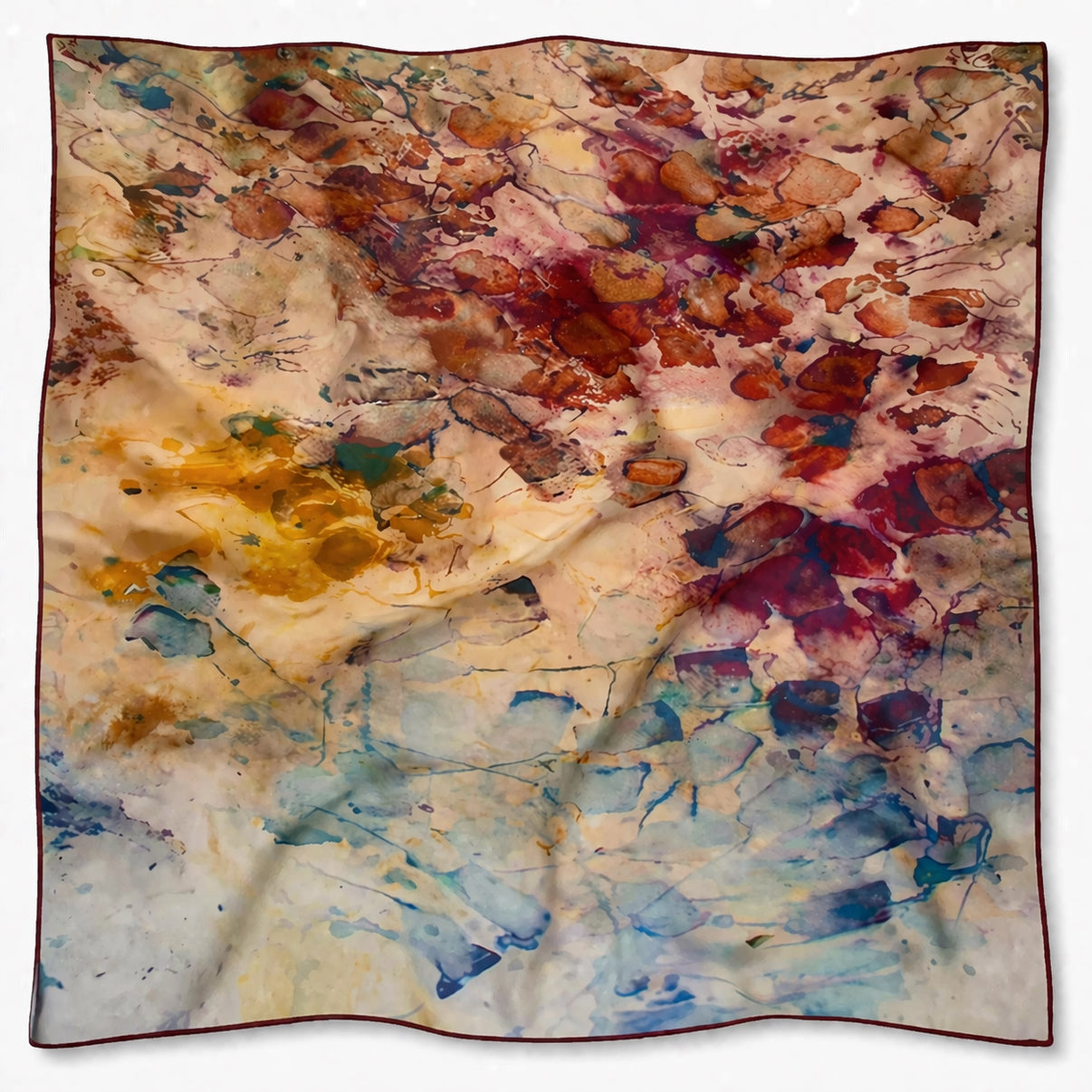 Rare Earth 24x24" silk-wool art scarf, lightly wrinkled, on white background. Tea-printed design by Reed Slater.