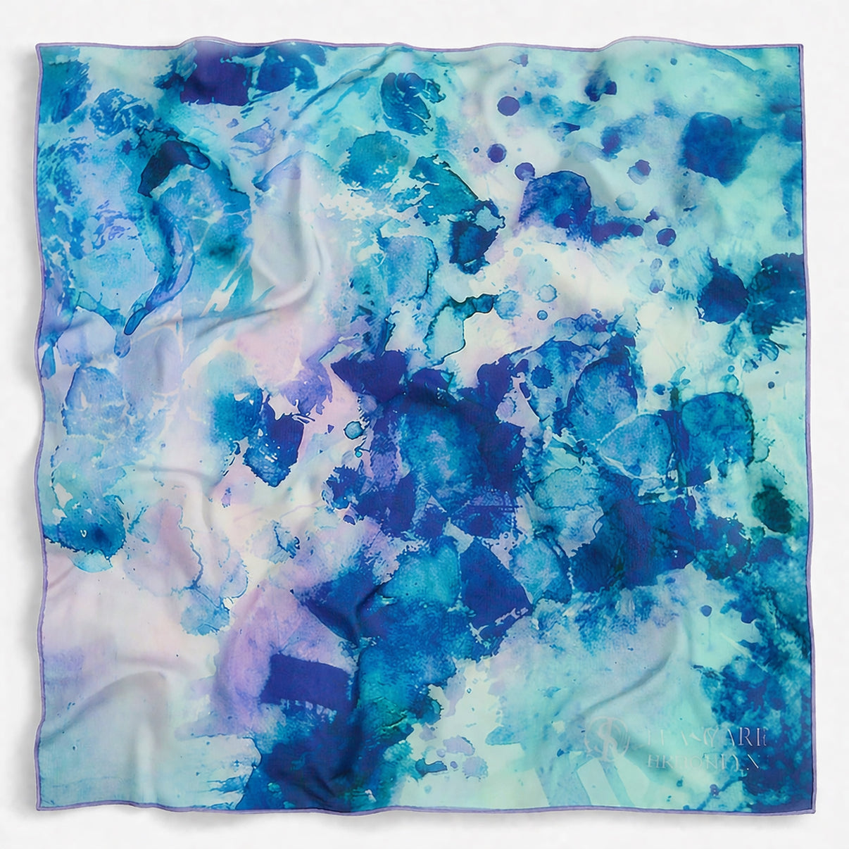 Peacock Green 24x24" art scarf, lightly wrinkled, on white background. Tea-printed design by Reed Slater.