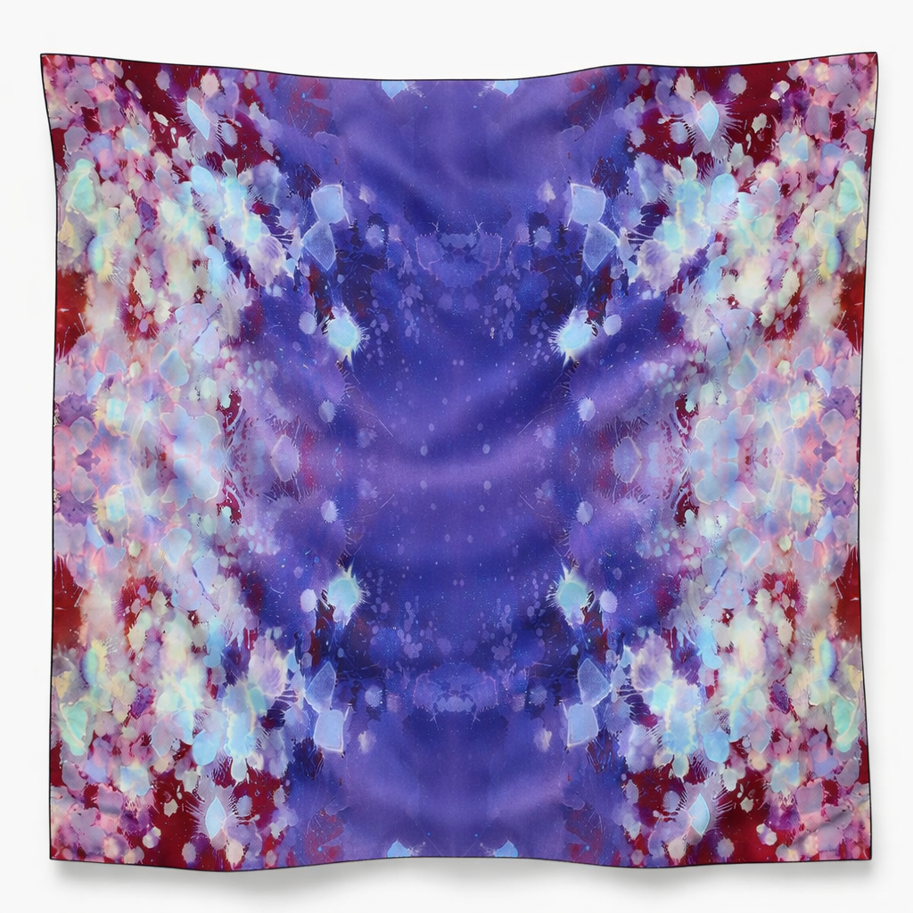 Purple Rain oversized 52x52" silk-wool art scarf, lightly wrinkled, on white background. Tea-printed design by Reed Slater.
