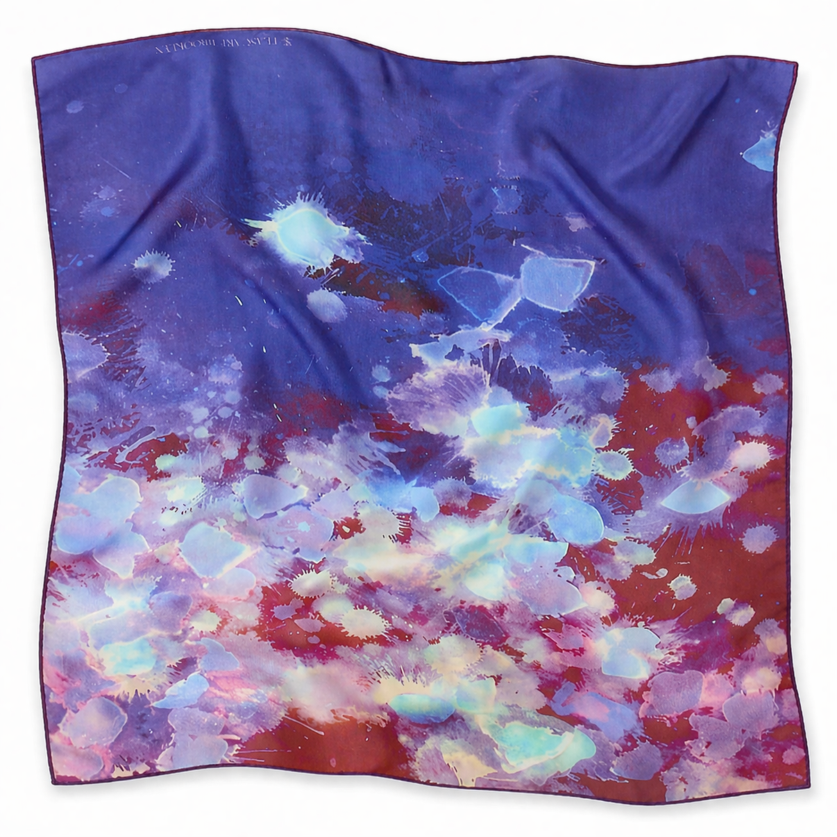 Purple Rain 26x26" silk chiffon art scarf, lightly wrinkled, on white background. Tea-printed design by Reed Slater.