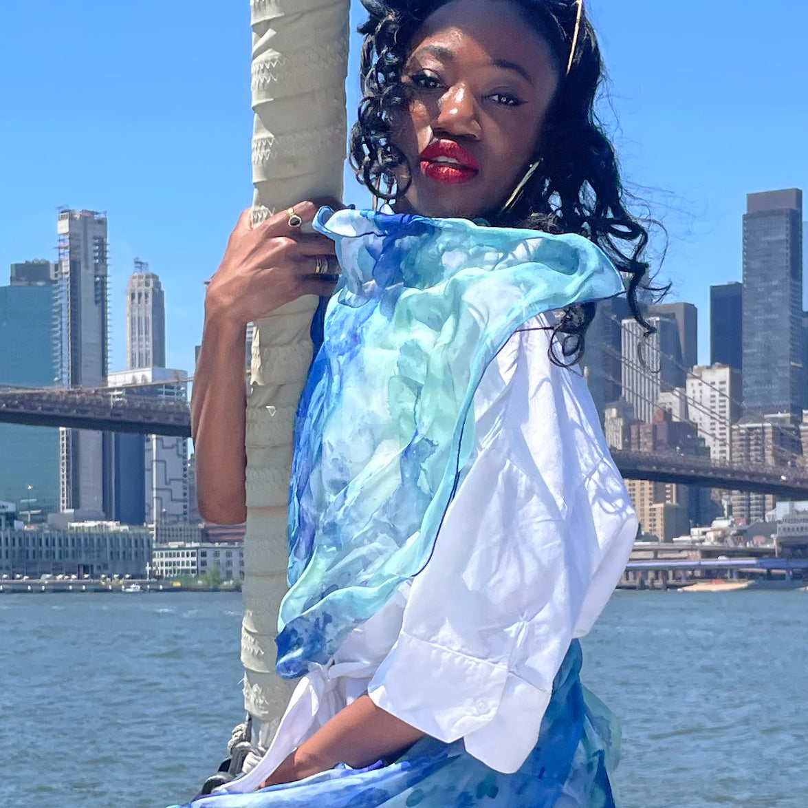 Clear Blue Small Square Silk Chiffon Tea-Printed Scarf 100% Silk, 24x24" - Teascarf Brooklyn