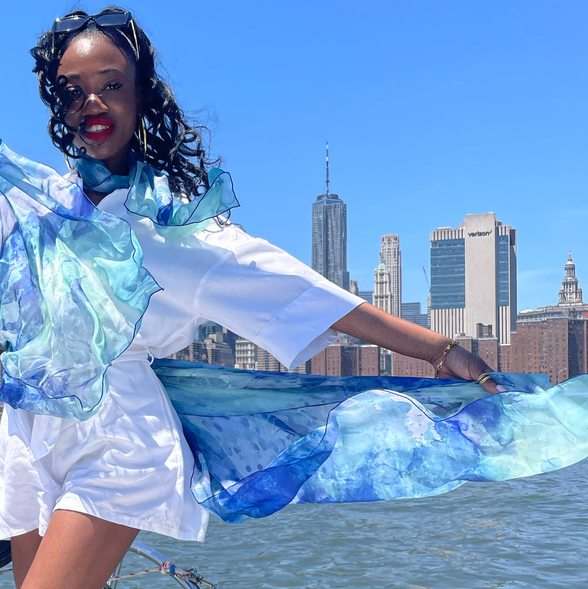 Clear Blue Tea-Printed Silk Chiffon Scarf in small 24x24" and oversized 52x52" sizes, crafted from 100% silk. Teascarf Brooklyn.