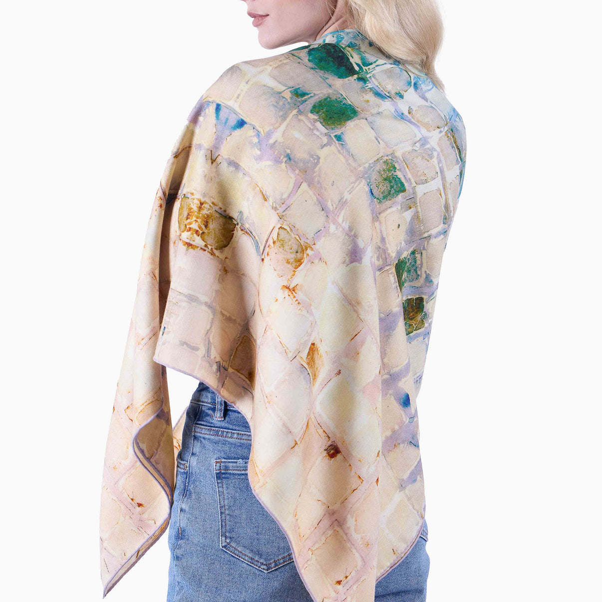 Model Wearing Calm Camomile Oversized Square Tea-Printed Scarf - Silk/Wool Blend, 52x52" - Teascarf Brooklyn
