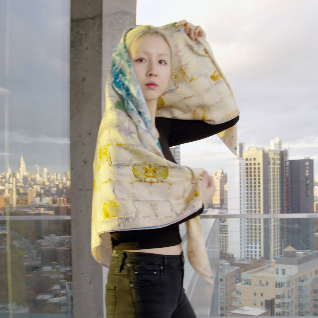 Model wearing Calm Camomile Silk-Wool Scarf 52".