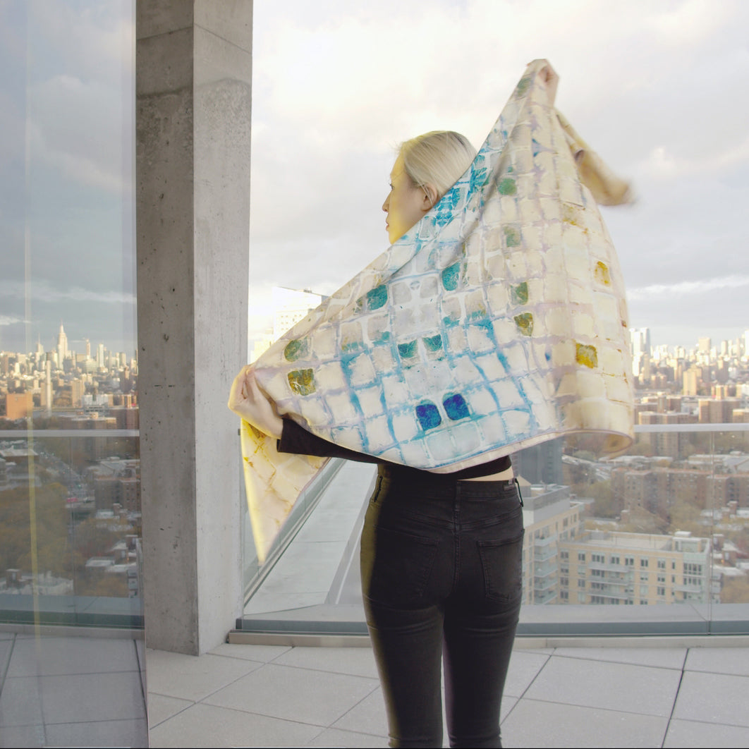Calm Camomile Oversized Square Tea-Printed Scarf - Silk/Wool Blend, 52x52" - Teascarf Brooklyn