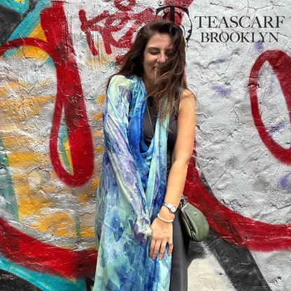 Clear Blue Oversized Square Tea-Printed 100% Silk Chiffon Scarf, 52x52" - Teascarf Brooklyn