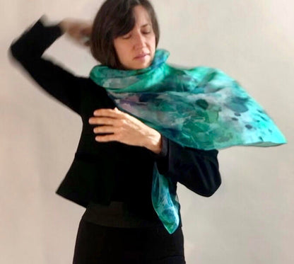 Oversized Peacock Green Silk Chiffon Scarf - 100% Silk, 53x53"