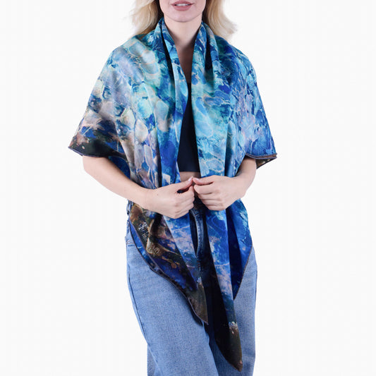 Blue Dream  Oversized Square Tea-Printed Scarf - Silk/Wool Blend, 53x53" - Teascarf Brooklyn