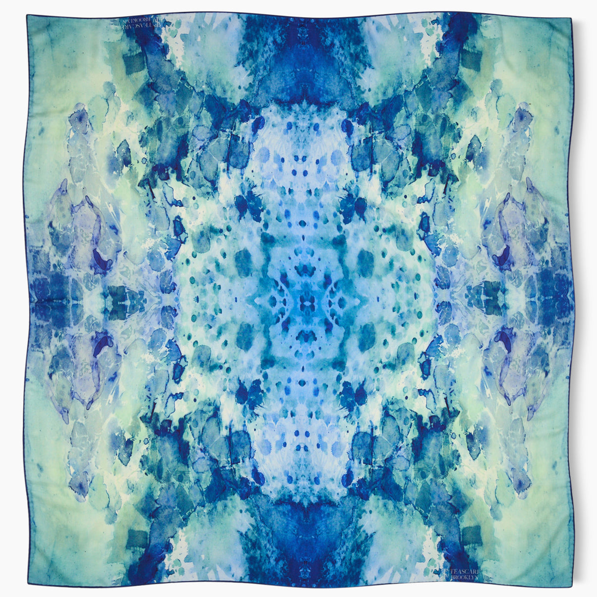 Clear Blue oversized 52x52" silk-wool art scarf, lightly wrinkled, on white background. Tea-printed design by Reed Slater.