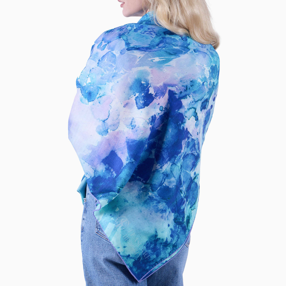 Back view of model in studio wears Peacock Green Oversized Square Tea-Printed Scarf - Silk/Wool Blend, 52x52" - Teascarf Brooklyn