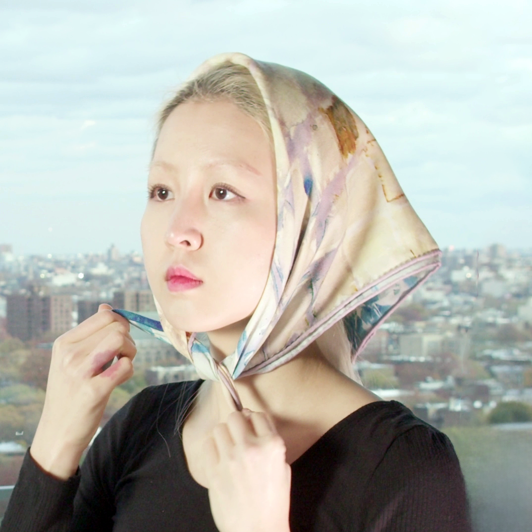 Calm Camomile Small Square Silk/Wool Tea-Printed Scarf - Silk/Wool Blend, 24 x 24" - Tied over head, Teascarf Brooklyn