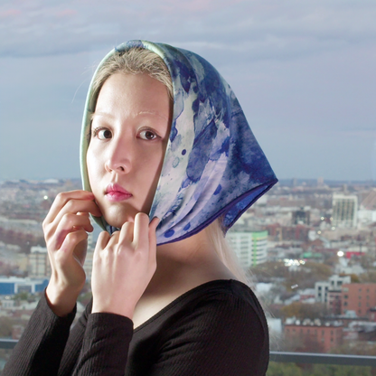 Model wears silk-wool Clear Blue scarf, folded diagonally, wrapped over her head and tied under her chin.