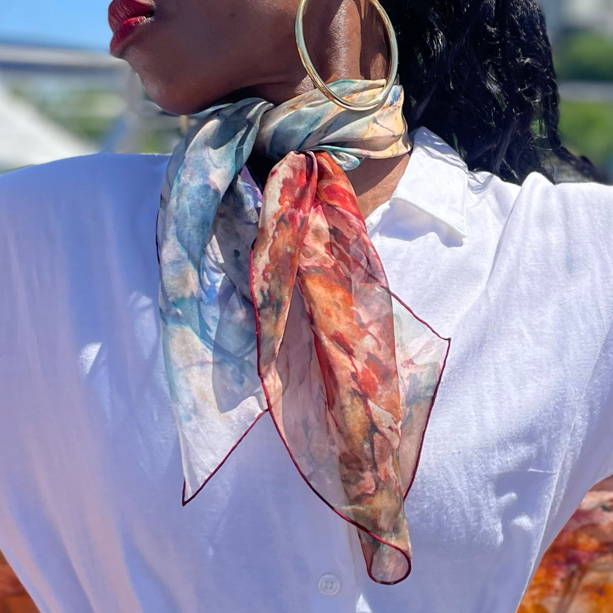 Rare Earth Small Square Tea-Printed Silk Chiffon Scarf - 100% Silk, 26" x 26" - Teascarf Brooklyn