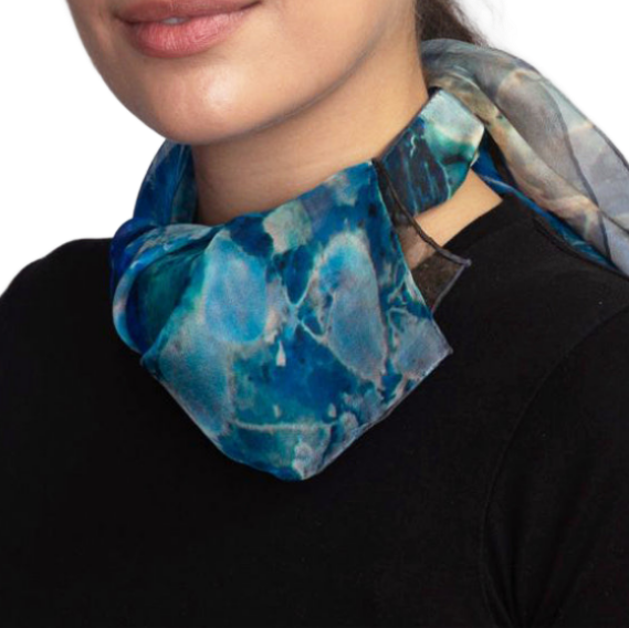 Model wears Blue Dream Small Square Tea-Printed Silk Chiffon Scarf 100% Silk, 24x24" - Teascarf Brooklyn