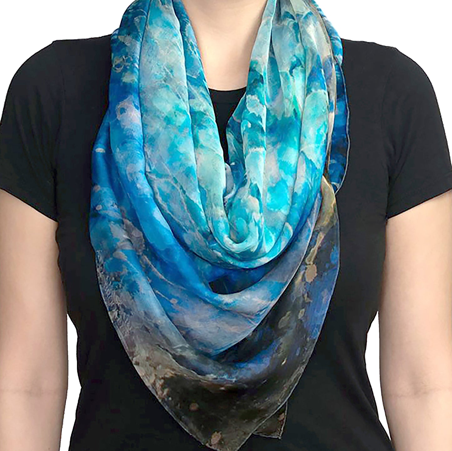 Blue Dream Oversized Square Tea-Printed Silk Chiffon Scarf 100% Silk, 53x53"