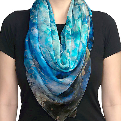 Blue Dream Oversized Square Tea-Printed Silk Chiffon Scarf 100% Silk, 53x53"