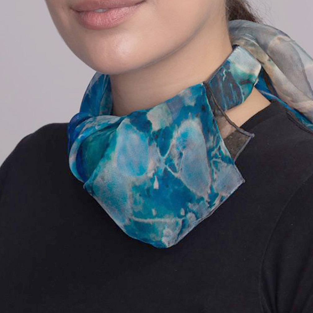 Model wears Blue Dream Small Square Tea-Printed Silk Chiffon Scarf 100% Silk, 24x24" - Teascarf Brooklyn